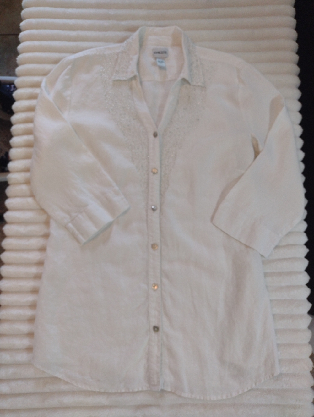 Chicos 100% Linen Tunic Top Womens 2/L White Beaded V-Neck Embellished Resort